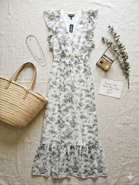 Express Monochrome Floral Maxi Smocked Waist Maxi Dress